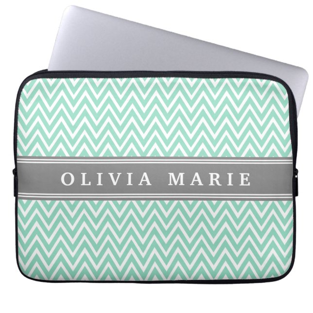 Mint Chevron Gray Name Sjabloon Laptop Sleeve (Voorkant)
