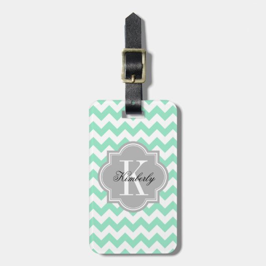 Mint Chevron met grijs monogram Bagagelabel (Voorkant verticaal)