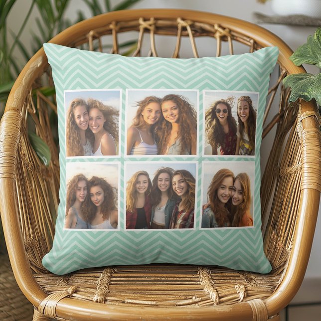 Mint Chevron Pattern met Trendy 6 Photo Collage Kussen (Custom Photo Pillow - Add Your Own Pics!)