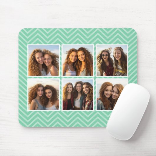 Mint Chevron Pattern met Trendy 6 Photo Collage Muismat (Met muis)