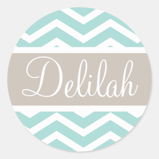 Mint Chevron Tan Monogram Ronde Sticker (Voorkant)