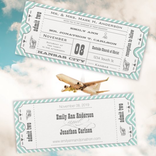 Mint Chevron Zigzag  Modern Ticket Wedding Kaart