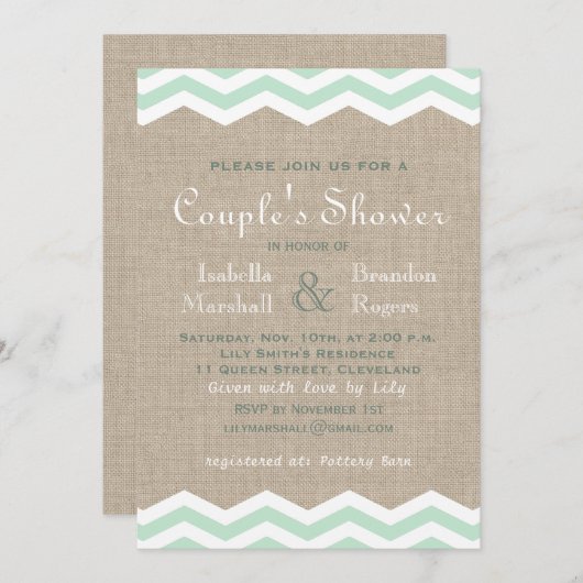 Mint Chevrons op Burlap Couple's Shower Invite Kaart (Voorkant / Achterkant)