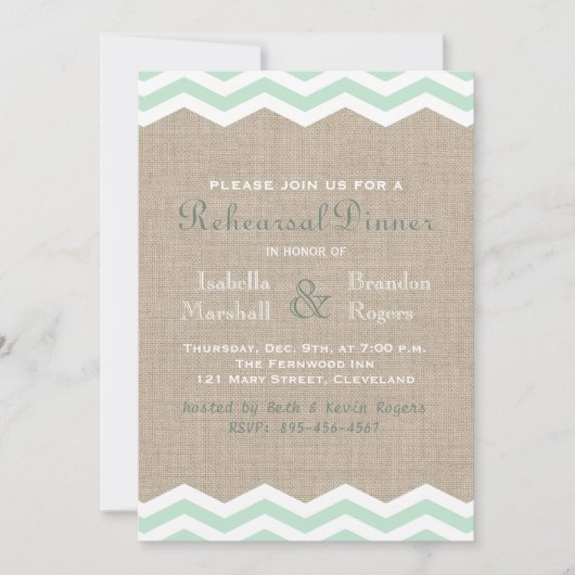Mint Chevrons op Burlap Rehearsal Dinner Invite Kaart (Voorkant)