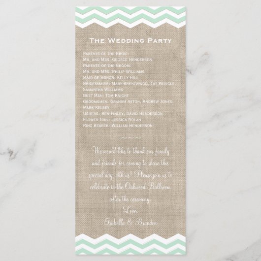 Mint Chevrons op Burlap Wedding Program Programmakaart (Achterkant)