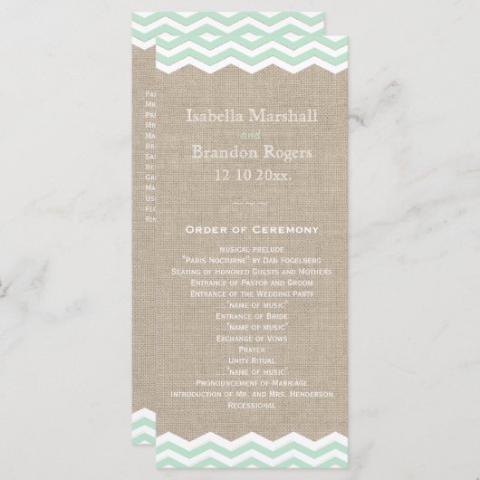 Mint Chevrons op Burlap Wedding Program Programmakaart (Voorkant / Achterkant)