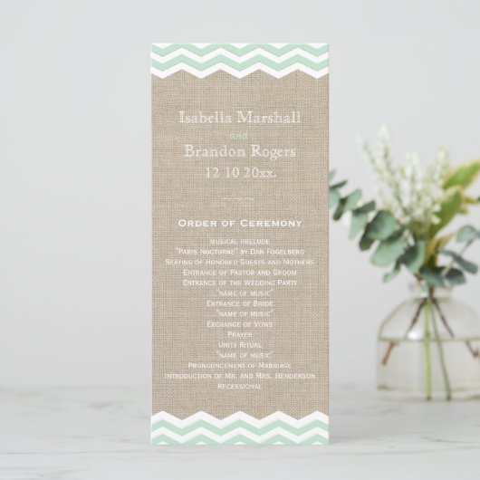 Mint Chevrons op Burlap Wedding Program Programmakaart (Staand voorkant)