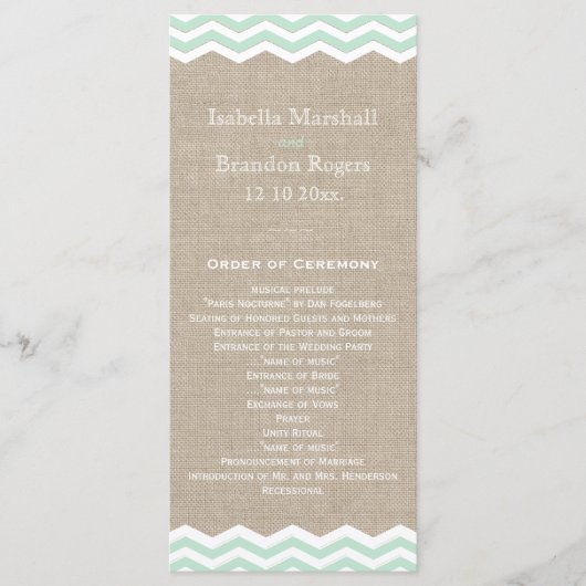 Mint Chevrons op Burlap Wedding Program Programmakaart (Voorkant)