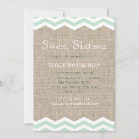 Mint Chevrons over Burlap Sweet Sixteen Uitnodigin Kaart (Voorkant)