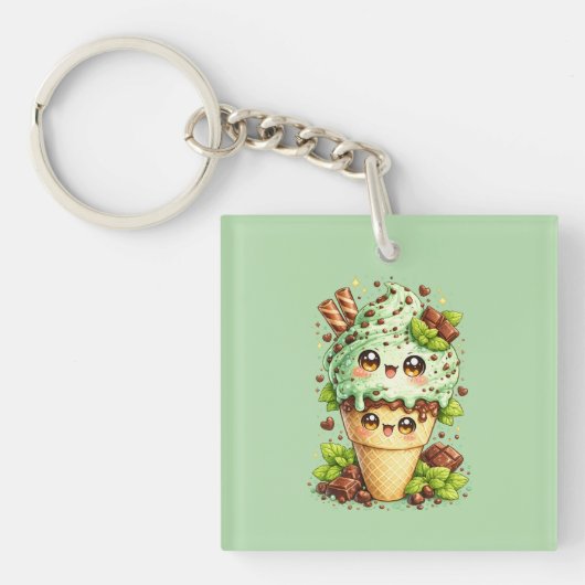 Mint Chocolade Chip Ijs Kegel Sleutelhanger Kawaii (voorkant)