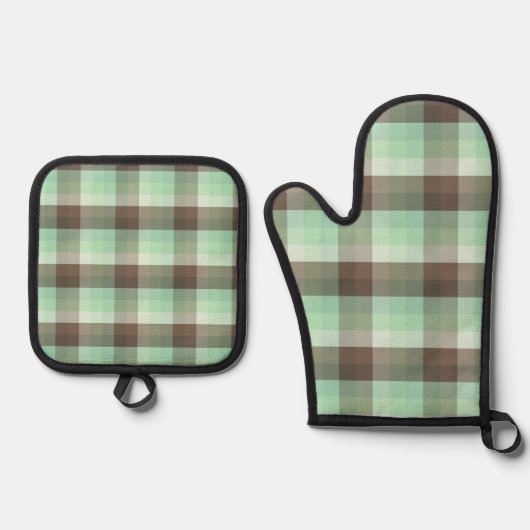 Mint Chocolade Chip Kleur Blok Plaid Strepen Ovenwant & Pannenlap Set (Voorkant)