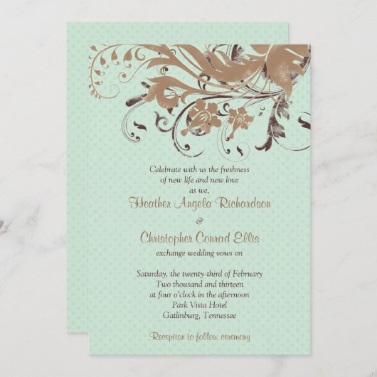 Mint Chocolate Brown  Floral Wedding Kaart (Voorkant / Achterkant)