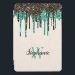 Mint Chocolate Ice Cream Glitter Drift Monogram iPad Pro Cover<br><div class="desc">Dit leuke ontwerp is voorzien van een bovengrens van het druppelen van faux glitter in roomkleuren: mint groen en chocoladebruin. Pas het aan met haar naam in het overeenkomende chocolade bruine handschrift en haar initiaal in het groene serif doopvont van de munt op een ivoorachtergrond.</div>