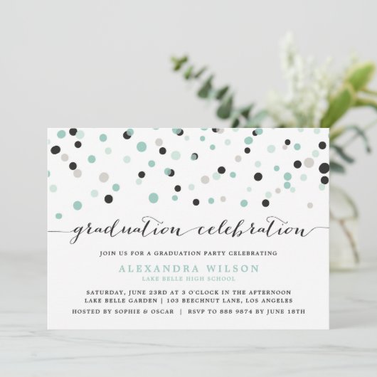 Mint Confetti Stippen Graduation Party Uitnodiging (Staand voorkant)