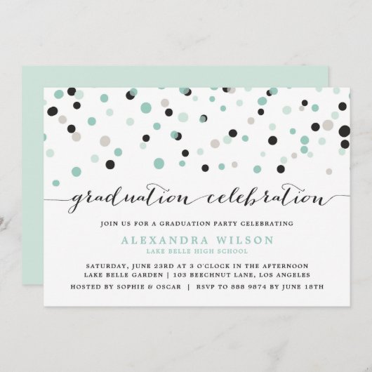 Mint Confetti Stippen Graduation Party Uitnodiging (Voorkant / Achterkant)