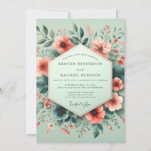 Mint Coral Aquarel Bruiloft Kaart (Voorkant)