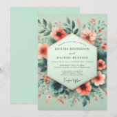 Mint Coral Aquarel Bruiloft Kaart (Voorkant / Achterkant)