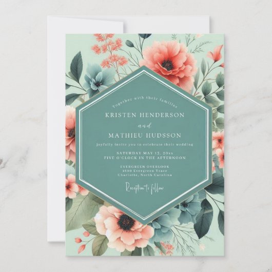 Mint Coral Artistic Bloom Wedding Kaart (Voorkant)