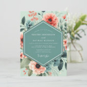 Mint Coral Artistic Bloom Wedding Kaart (Staand voorkant)