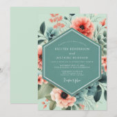 Mint Coral Artistic Bloom Wedding Kaart (Voorkant / Achterkant)