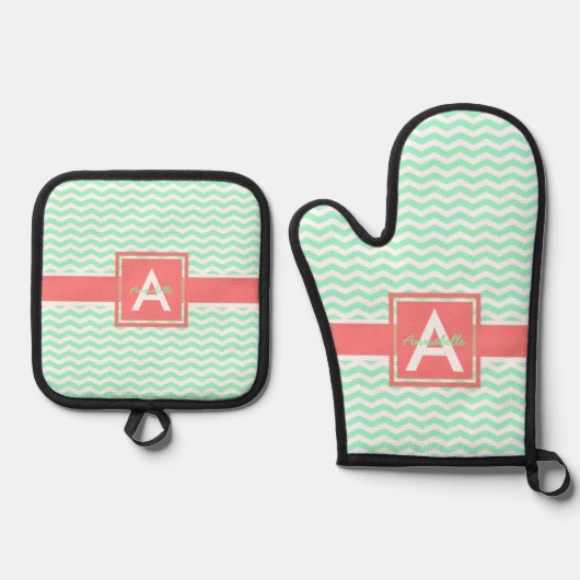 Mint Coral Chevron Ovenwant & Pannenlap Set (Voorkant)