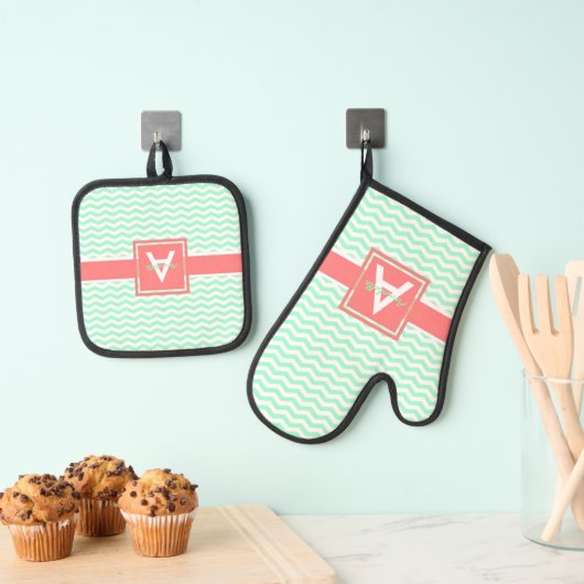 Mint Coral Chevron Ovenwant & Pannenlap Set (Insitu(Ophanging))