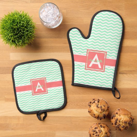 Mint Coral Chevron Ovenwant & Pannenlap Set (Top down)