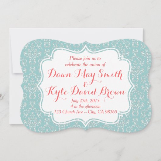Mint Coral Damask trouwuitnodiging Kaart (Voorkant)