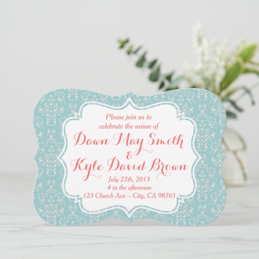 Mint Coral Damask trouwuitnodiging Kaart (Staand voorkant)