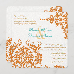 Mint Coral  Floral Damask Wedding Invite Kaart