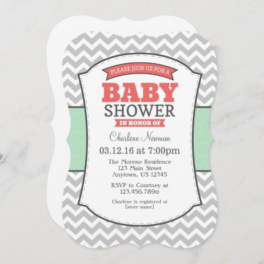 Mint Coral Gray Chevron Baby shower Kaart (Voorkant / Achterkant)