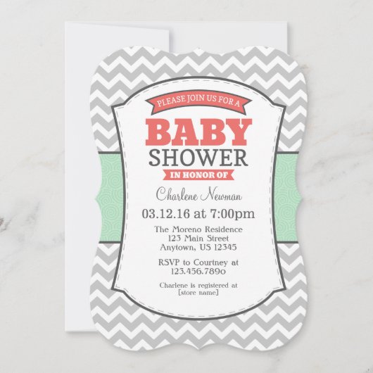 Mint Coral Gray Chevron Baby shower Kaart (Voorkant)