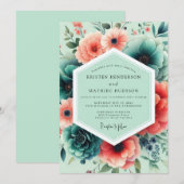 Mint Coral Lush Floral Wedding Kaart (Voorkant / Achterkant)