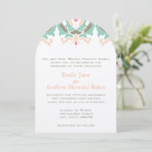 Mint Coral Peach Damask Wedding Invitation Kaart (Staand voorkant)