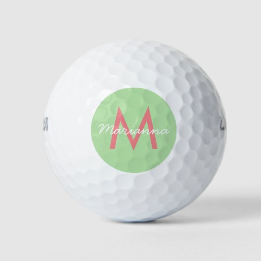 Mint & Coral Pink Name en Modern Monogram Golfballen (Voorkant)