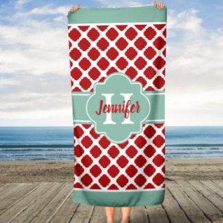 Mint Coral Quatrefoil Custom Monogram Strandlaken