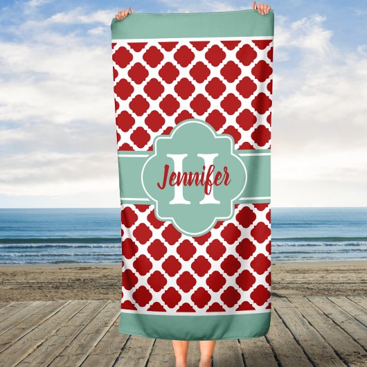 Mint Coral Quatrefoil Custom Monogram Strandlaken