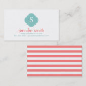 Mint Coral Quatrefoil Monogram Stripes Patroon Contactkaartje (Voorkant / Achterkant)
