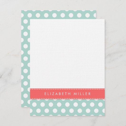 Mint & Coral Ribbon Polka Dots Monogram Note Kaart Notitiekaartje (Voorkant / Achterkant)