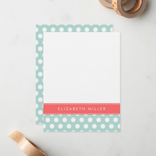 Mint & Coral Ribbon Polka Dots Monogram Note Kaart Notitiekaartje (Voorkant / Achterkant in situ)