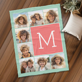 Mint Coral Square 8 Photo Collage Monogram Fleece Deken