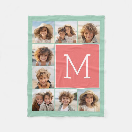 Mint Coral Square 8 Photo Collage Monogram Fleece Deken (Voorkant)