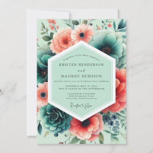 Mint Coral Weelderige Bloemige Bruiloft Kaart (Voorkant)