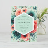 Mint Coral Weelderige Bloemige Bruiloft Kaart (Staand voorkant)