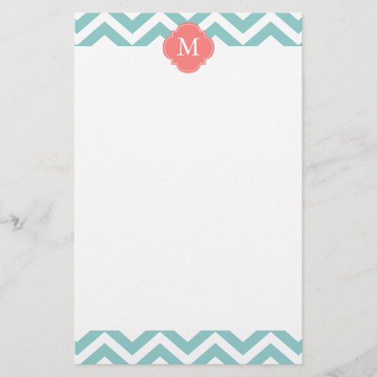 Mint & Coral Zigzags Patroonmonogram Briefpapier (Voorkant)