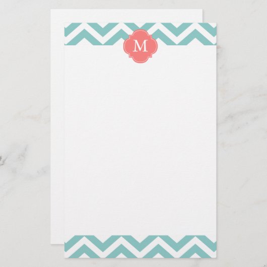 Mint & Coral Zigzags Patroonmonogram Briefpapier (Voorkant / Achterkant)
