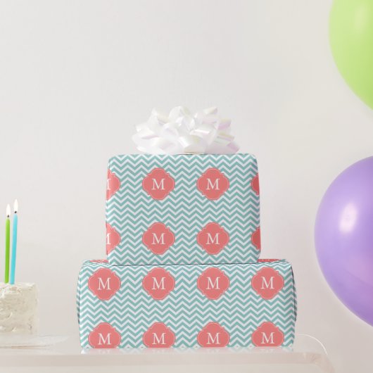 Mint & Coral Zigzags Patroonmonogram Cadeaupapier (Feestgeschenken)