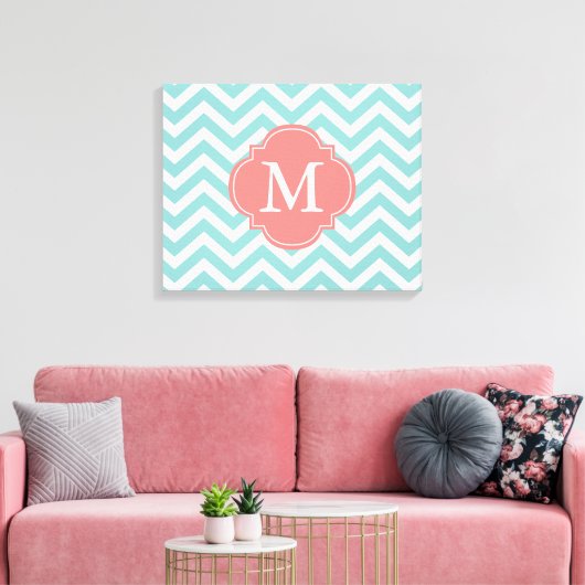 Mint & Coral Zigzags Patroonmonogram Canvas Afdruk (Insitu (Woonkamer))