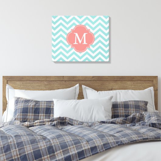 Mint & Coral Zigzags Patroonmonogram Canvas Afdruk (Insitu (Slaapkamer))