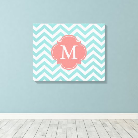 Mint & Coral Zigzags Patroonmonogram Canvas Afdruk (Insitu (Houten vloer))